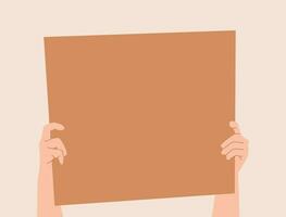 hand holding a board, placard, or paper. brown background. copy space. flat vector illustration.