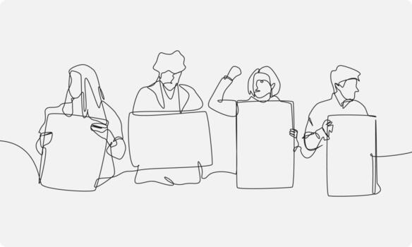 set of protesters holding blank board with one single continuous line drawing style. editable stroke. vector illustration.