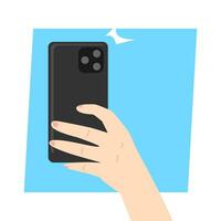 hand holding a smartphone while taking a photo. technology concept, photography. flat style vector illustration.