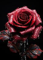 AI generated red rose covered with rain drops on a black background photo