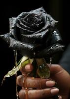 AI generated hand holding a black unique flower on a black background photo