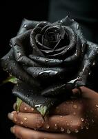 AI generated hand holding a black unique flower on a black background photo
