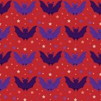 Cute mystical seamless pattern with funny bat. Flat kawaii magical elements on red background. Witch related items. Graphic print design for wrapping paper, kids textile, background, banner vector