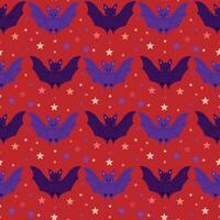 Cute mystical seamless pattern with funny bat. Flat kawaii magical elements on red background. Witch related items. Graphic print design for wrapping paper, kids textile, background, banner vector