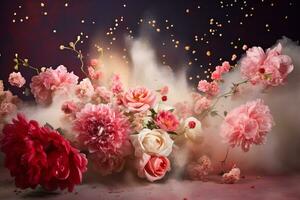 AI generated Beautiful flowers, roses and chrysanthemums of red and pink shades in pastel powder on a dark background. AI generated illustration. photo