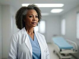 AI generated Middle aged African American woman doctor in hospital, white colors. Photo generated using Leonardo AI