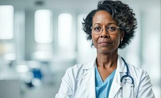 ai generado medio Envejecido africano americano mujer médico en hospital, blanco colores. esta foto estaba generado utilizando patio de recreo ai