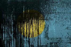 Palau flag depicted in paint colors on old and dirty oil barrel wall closeup. Textured banner on rough background photo