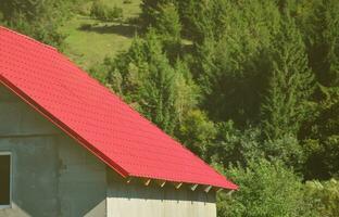 House with a roof made of solid metal sheets, shaped like an old tile photo