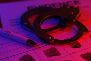 Applicant or fingerprints card with police handcuffs on table in dark room photo