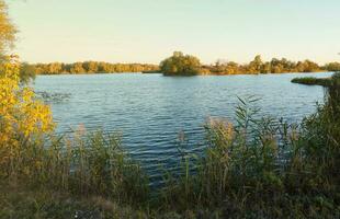 Beautiful autumn landscape with lake and multicoloral trees. Picturesque place with lake and tall trees photo