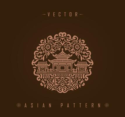 Ornate Circular Pattern with Asian Architectural Elements