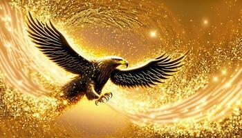 ai generado un dorado águila volador en el brillar Brillantina antecedentes foto
