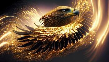 AI generated A golden eagle flying in the sparkle glitter background photo