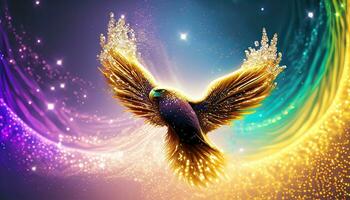 AI generated A golden eagle flying in the sparkle rainbow glitter background photo