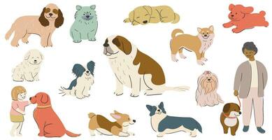 Cute Hand-Drawn Cartoonish Dogs Vector Illustration Set Isolated On A White Background.