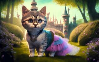 ai generado fantasía imagen de un gato vistiendo un tutu con un castillo en el antecedentes foto