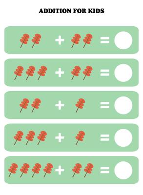 Addition page for kids. Educational math game for children with leaf. Printable worksheet design. Learning mathematic.