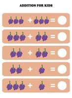 Addition page for kids. Educational math game for children with grape. Printable worksheet design. Learning mathematic. vector