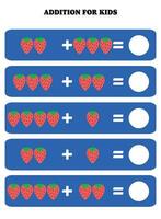 Addition page for kids. Educational math game for children with strawberry. Printable worksheet design. Learning mathematic. vector