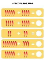 adición página para niños. educativo matemáticas juego para niños con pimienta. imprimible hoja de cálculo diseño. aprendizaje matemático vector