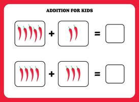 adición página para niños. educativo matemáticas juego para niños con pimienta. imprimible hoja de cálculo diseño. aprendizaje matemático vector