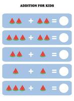 adición página para niños. educativo matemáticas juego para niños con sandía rebanada. imprimible hoja de cálculo diseño. aprendizaje matemático vector