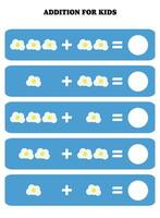 Addition page for kids. Educational math game for children with fried egg. Printable worksheet design. Learning mathematic. vector