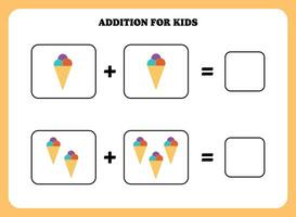 Addition page for kids. Educational math game for children with ice cream. Printable worksheet design. Learning mathematic. vector