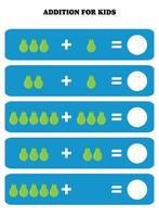 adición página para niños. educativo matemáticas juego para niños con pera. imprimible hoja de cálculo diseño. aprendizaje matemático vector