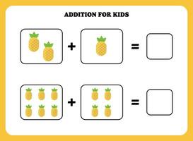 Addition page for kids. Educational math game for children with pineapple. Printable worksheet design. Learning mathematic. vector