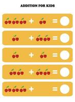 Addition page for kids. Educational math game for children with cherry. Printable worksheet design. Learning mathematic. vector