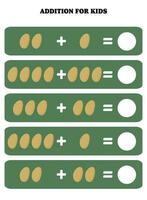 Addition page for kids. Educational math game for children with potato. Printable worksheet design. Learning mathematic. vector