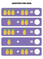 adición página para niños. educativo matemáticas juego para niños con piña. imprimible hoja de cálculo diseño. aprendizaje matemático vector