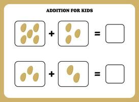 adición página para niños. educativo matemáticas juego para niños con papa. imprimible hoja de cálculo diseño. aprendizaje matemático vector