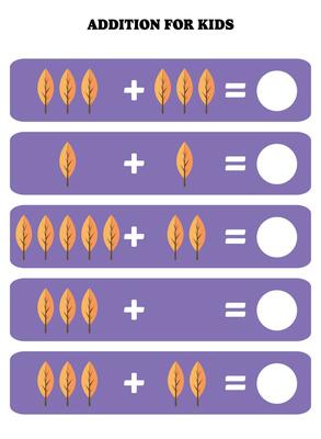Addition page for kids. Educational math game for children with leaf. Printable worksheet design. Learning mathematic.