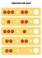 Addition page for kids. Educational math game for children with tomato. Printable worksheet design. Learning mathematic. vector