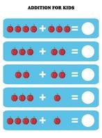 adición página para niños. educativo matemáticas juego para niños con manzana. imprimible hoja de cálculo diseño. aprendizaje matemático vector