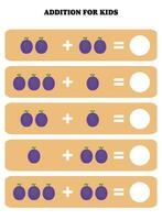 adición página para niños. educativo matemáticas juego para niños con ciruela. imprimible hoja de cálculo diseño. aprendizaje matemático vector