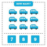 How many car are there Educational worksheet design for children. Counting game for kids. vector
