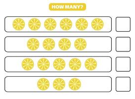How many lemon slice are there Educational worksheet design for children. Counting game for kids. vector