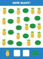 How many fruits are there Educational math game for kids. Printable worksheet design for preschool, kindergarten or elementary students. Learning mathematic. Counting exercise. vector