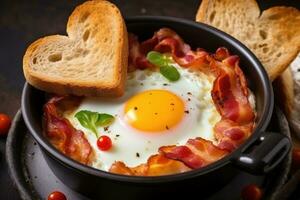 sano Días festivos desayuno con huevos corazones, tocino y brindis en de madera antecedentes. ai generado foto