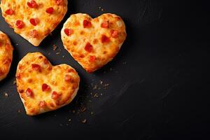 Heart shaped pizza on wooden background. AI Generated photo