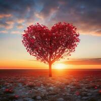 rojo corazón conformado árbol en puesta de sol. ai generado foto