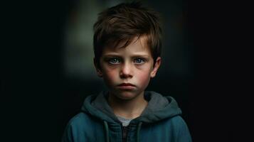 retrato de un chico con azul triste ojos en un oscuro antecedentes. retrato de un triste pequeño chico en un oscuro antecedentes. selectivo enfocar. ai generado foto