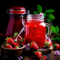 AI generated Fresh plum jam with fresh plums on a grey table. Fresh plums still life on a dark background with space for text. photo