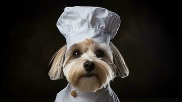 retrato de un linda perro en un del chef disfraz en un negro antecedentes. linda perrito vistiendo un del chef sombrero y blanco chaqueta de cerca con espacio para texto. ai generado foto