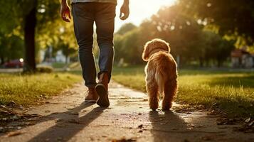 un hombre camina con su perro en el parque a puesta de sol. ai generado foto