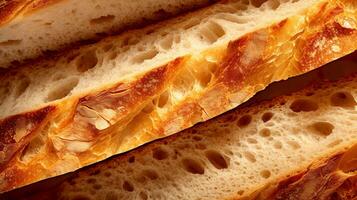 Texture of sliced loaf of bread close up. Ciabatta is an Italian unleavened wheat bread with a golden crust sprinkled with flour. Close-up for cover, banner. AI Generated photo